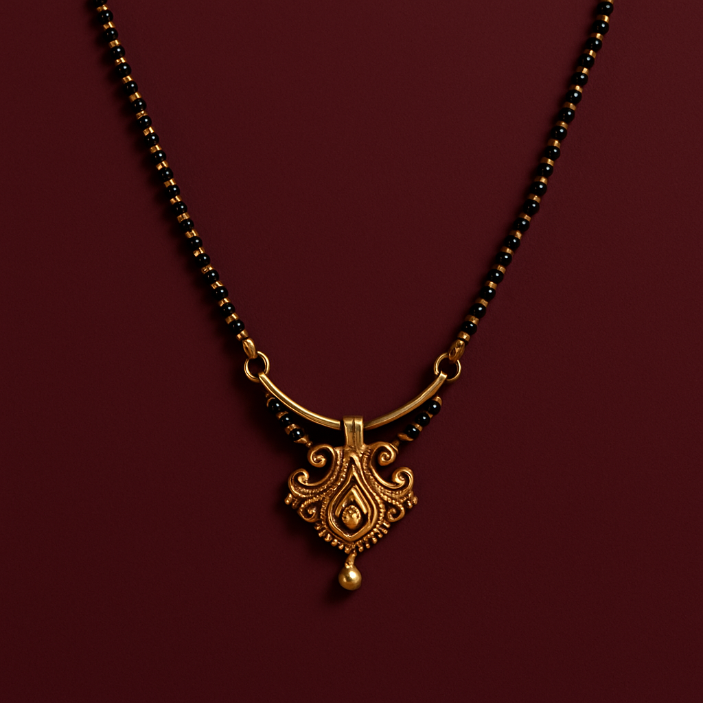 Gold necklace with black beads on a dark red background