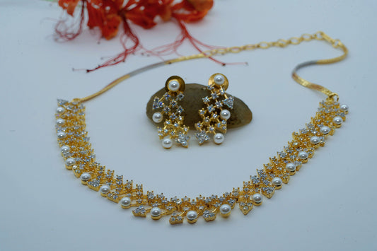 Gold Toned Pearl & Crystal Collar Chakor With Earings - OY JEWELLS -