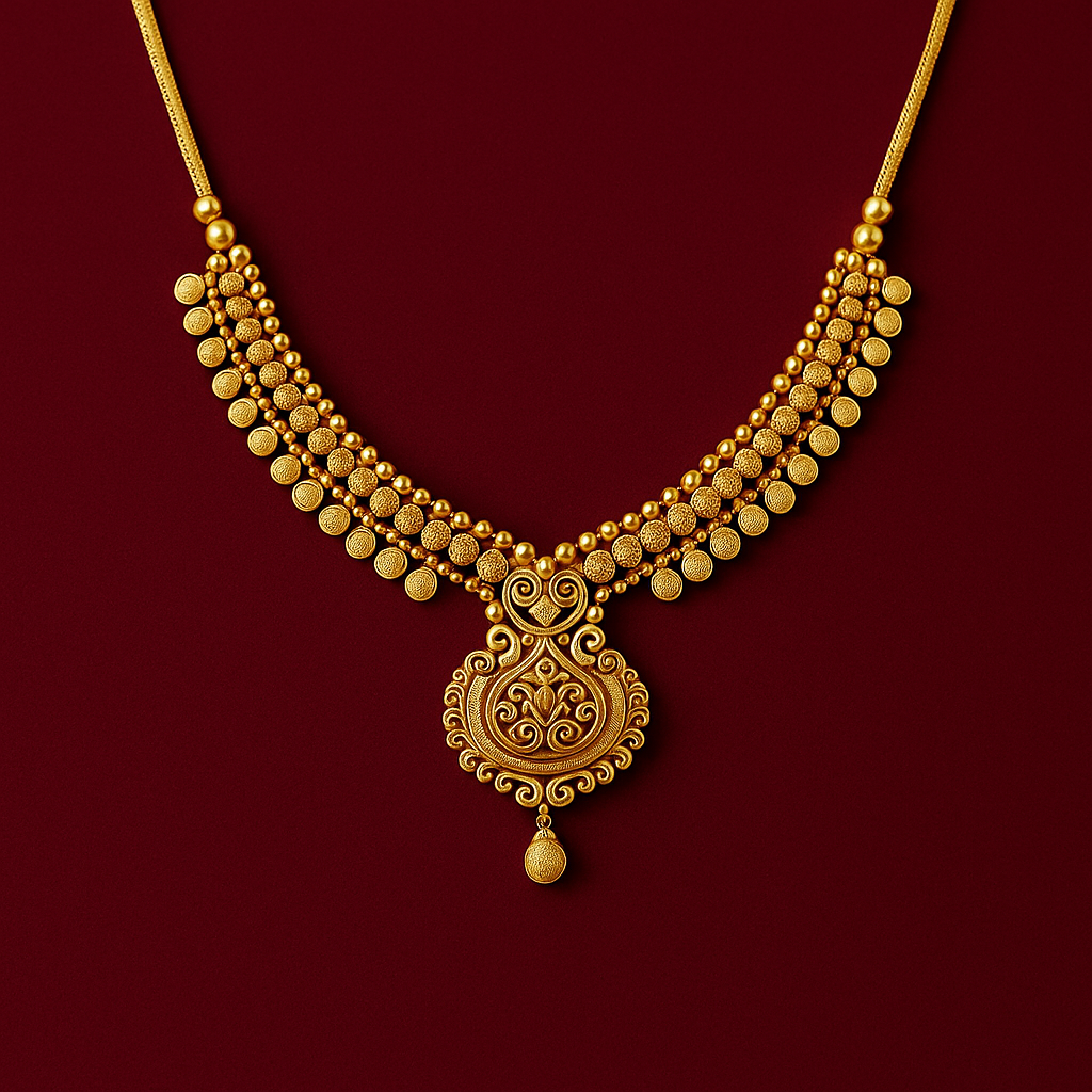 Gold necklace with intricate design on a red background