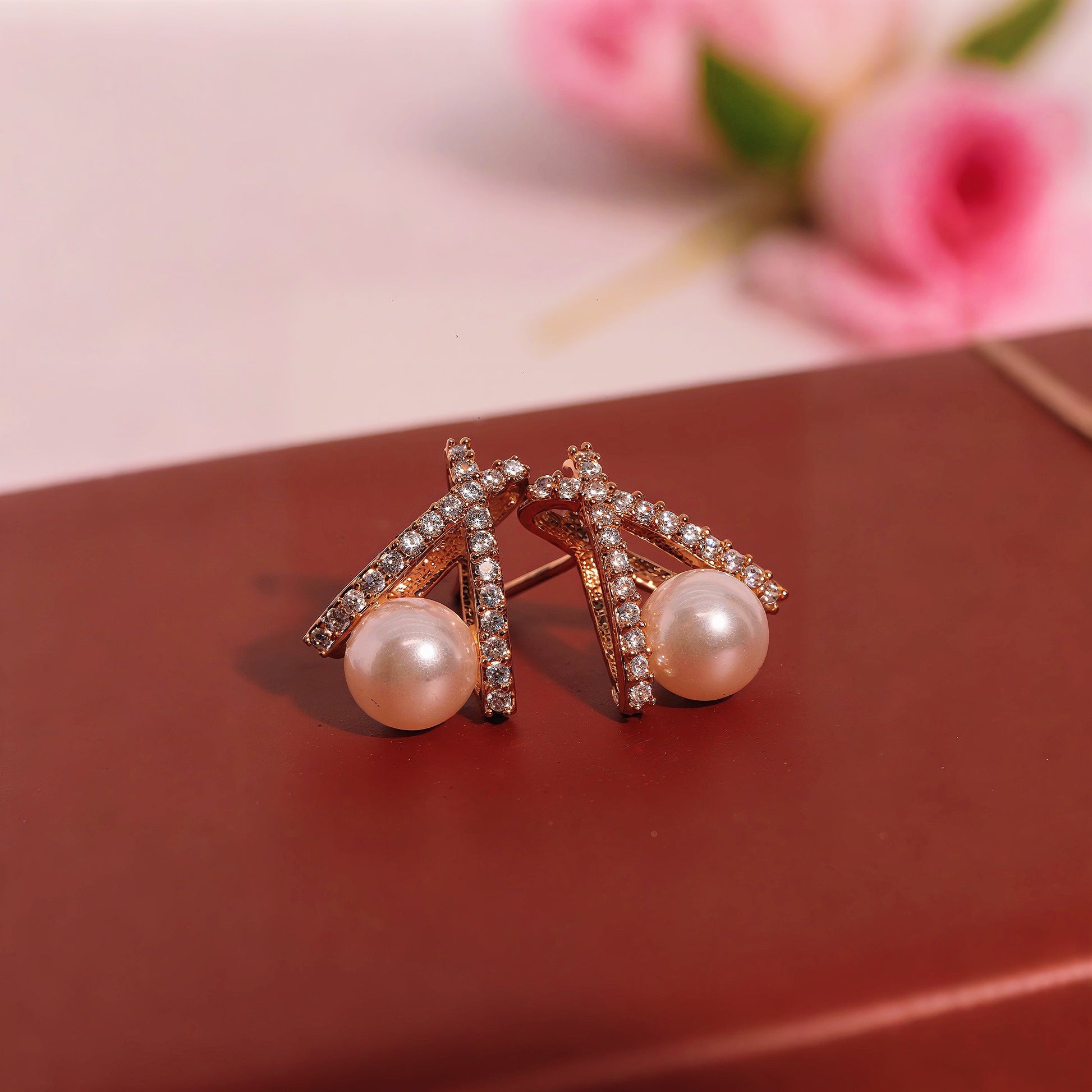 Cross Over Pearl Stud Earrings - OY JEWELLS - 
