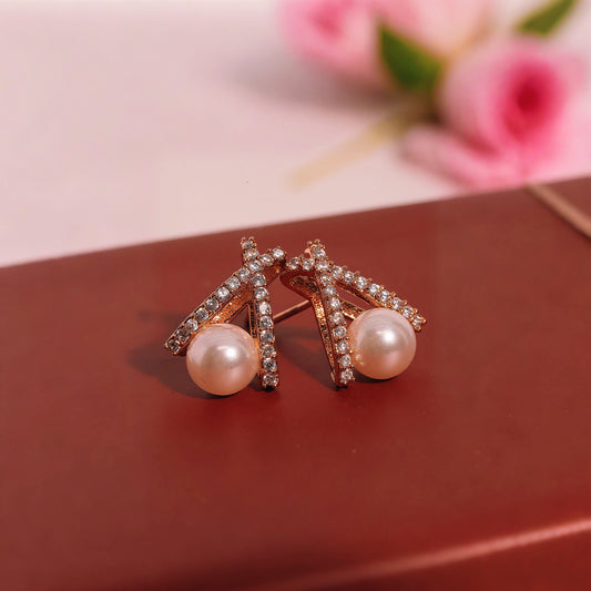 Cross Over Pearl Stud Earrings - OY JEWELLS - 