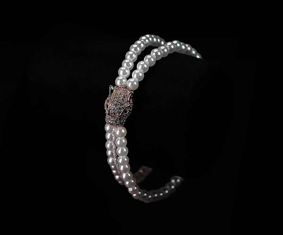 Elegant Pearl Beaded Bracelet with Rose Gold Panther Clasp - OY JEWELLS - 