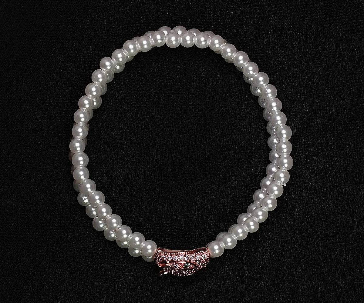 Elegant Pearl Beaded Bracelet with Rose Gold Panther Clasp - OY JEWELLS - 