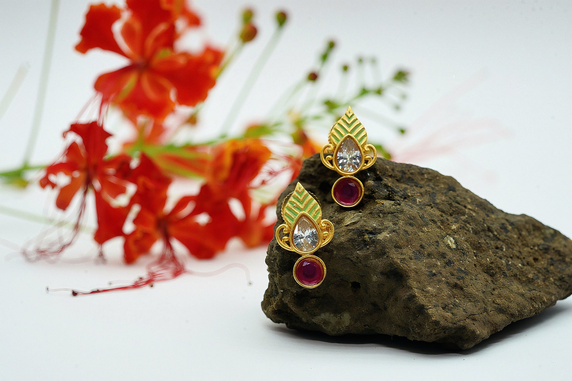 Gold Leaf And Red Stones chain Managlsutra With Earings - OY JEWELLS - 