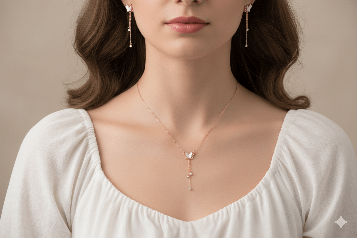 Mother Of Pearl Butterfly Dangle Pendant With Earings Set - OY JEWELLS - 