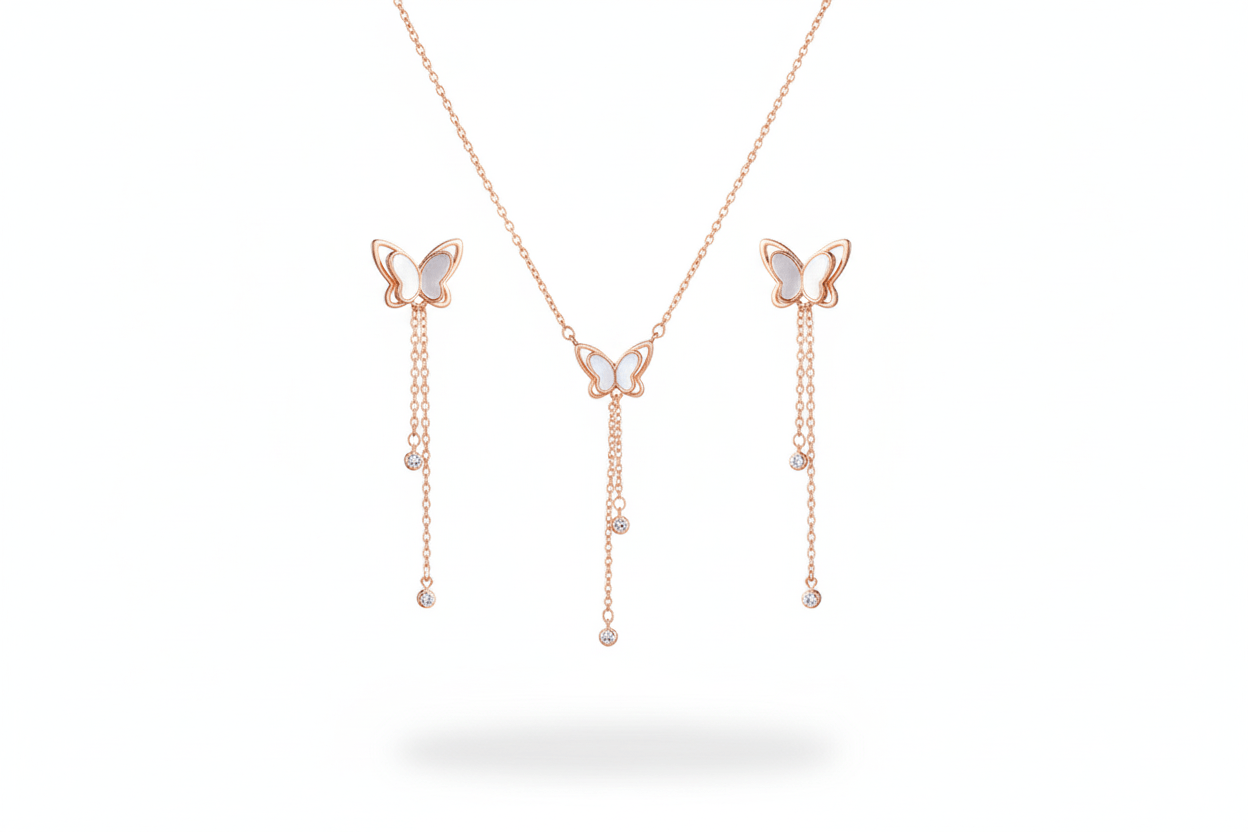 Mother Of Pearl Butterfly Dangle Pendant With Earings Set - OY JEWELLS - 