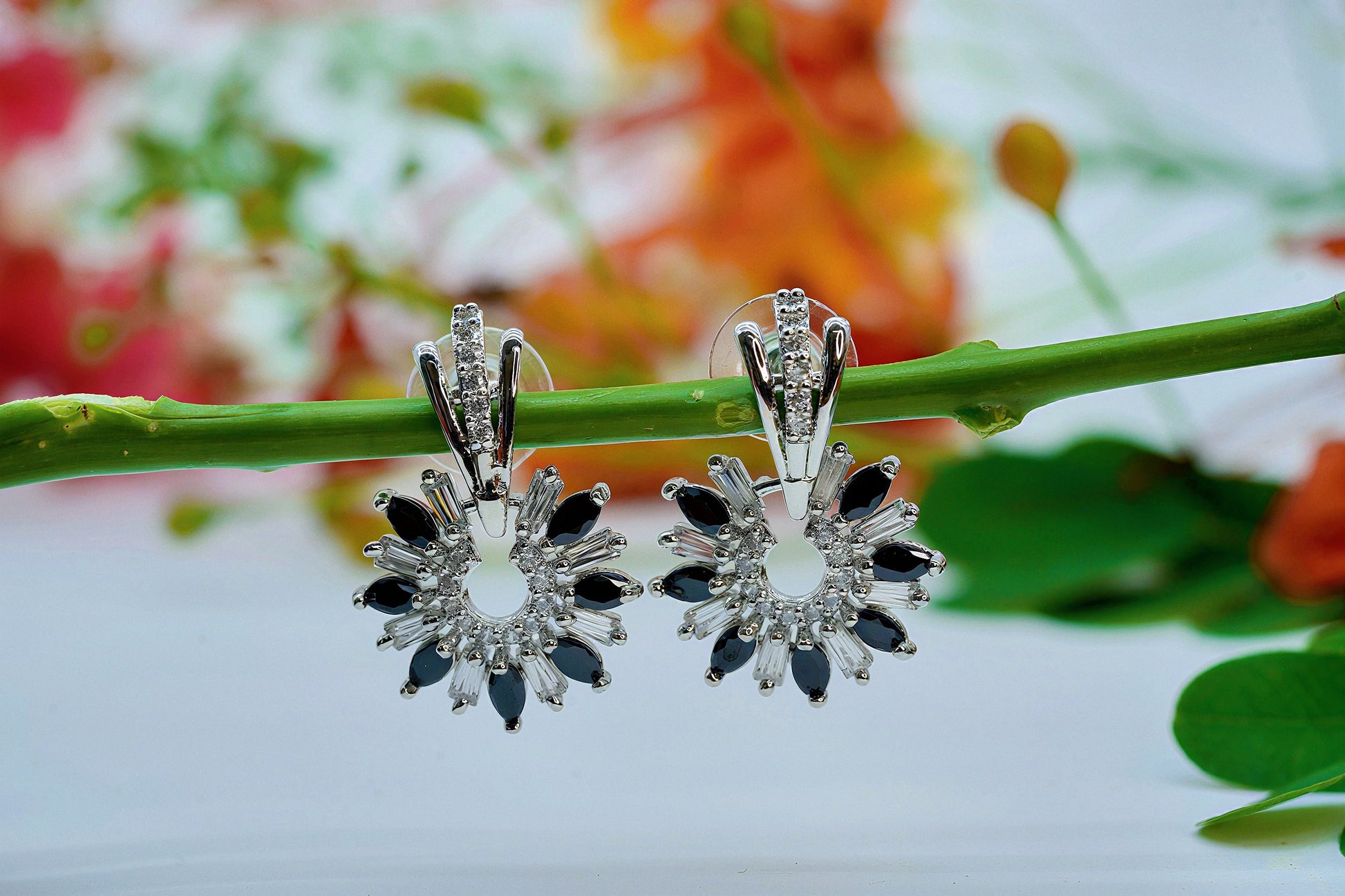 Silver Tone Green Crystal Dangle Earrings - OY JEWELLS - 