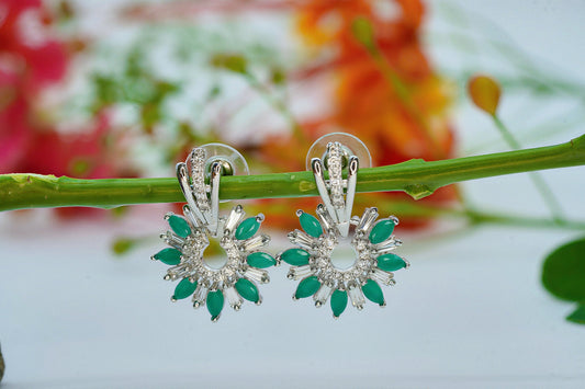 Silver Tone Green Crystal Dangle Earrings - OY JEWELLS - 