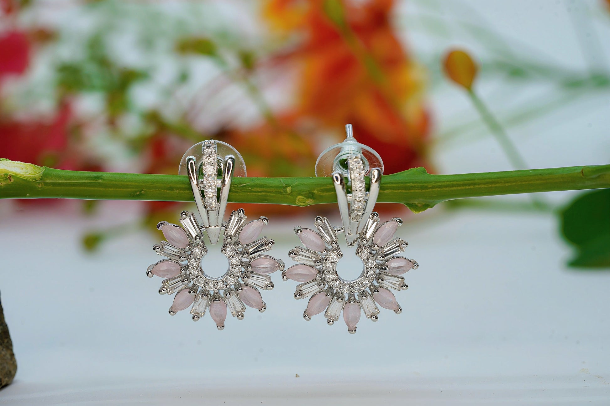 Silver Tone Green Crystal Dangle Earrings - OY JEWELLS - 