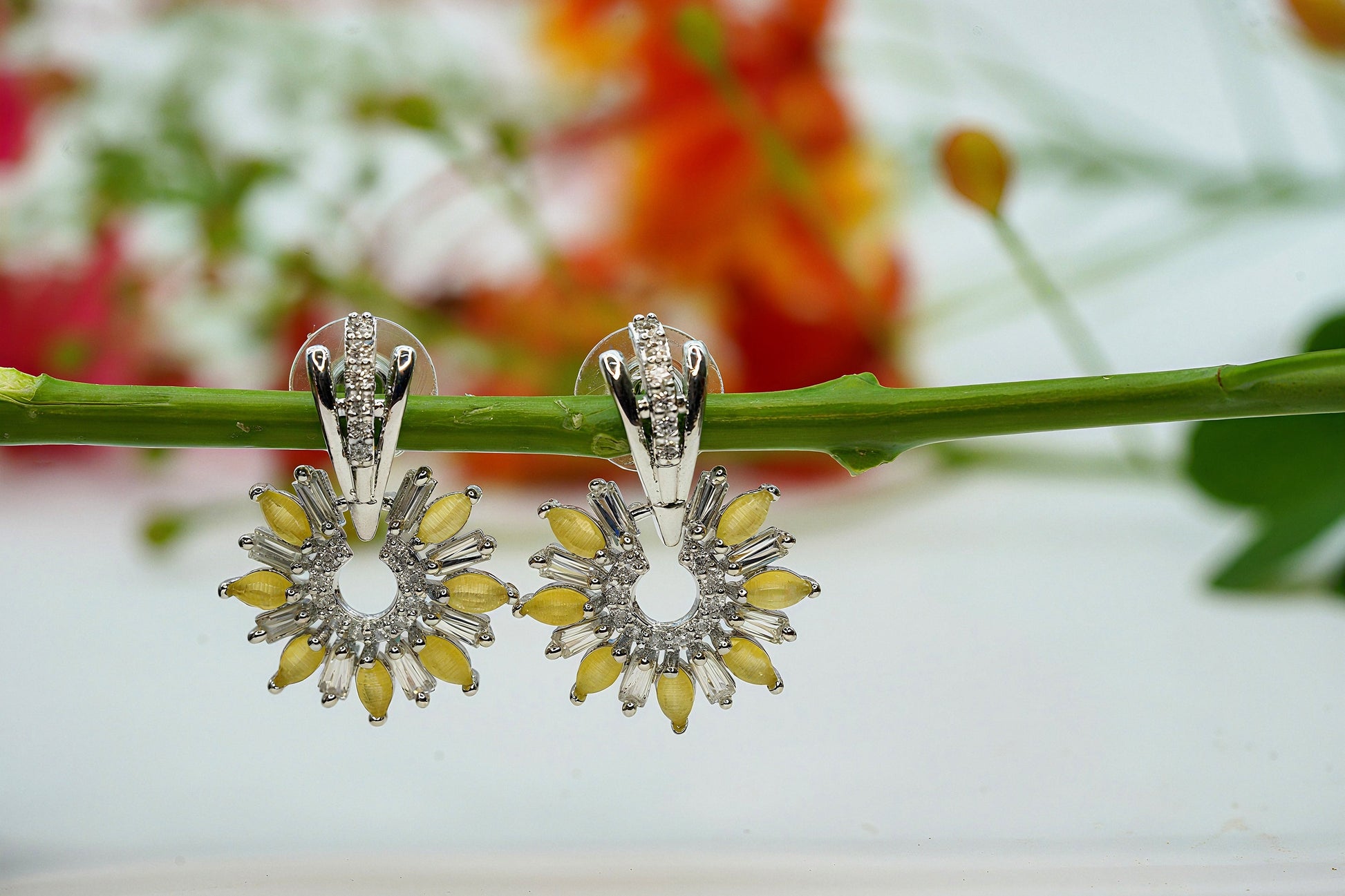 Silver Tone Green Crystal Dangle Earrings - OY JEWELLS - 