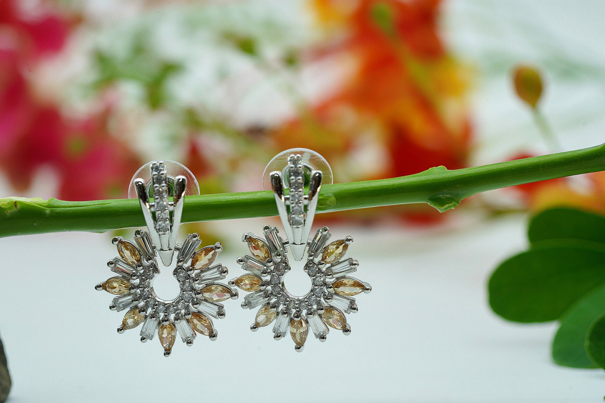 Silver Tone Green Crystal Dangle Earrings - OY JEWELLS - 