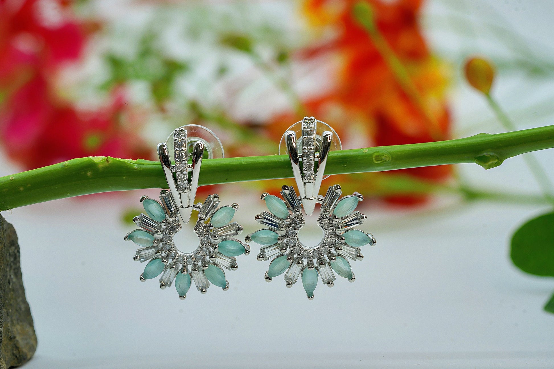 Silver Tone Green Crystal Dangle Earrings - OY JEWELLS - 