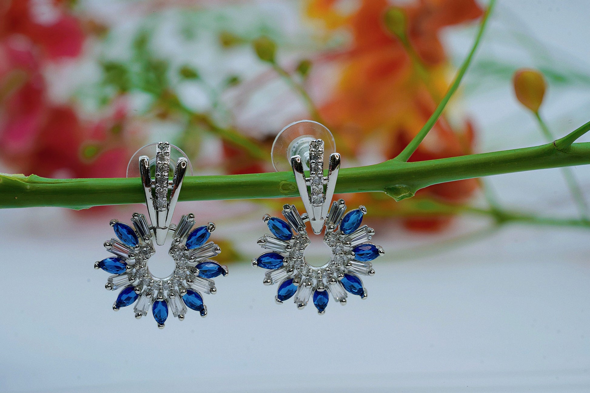 Silver Tone Green Crystal Dangle Earrings - OY JEWELLS - 