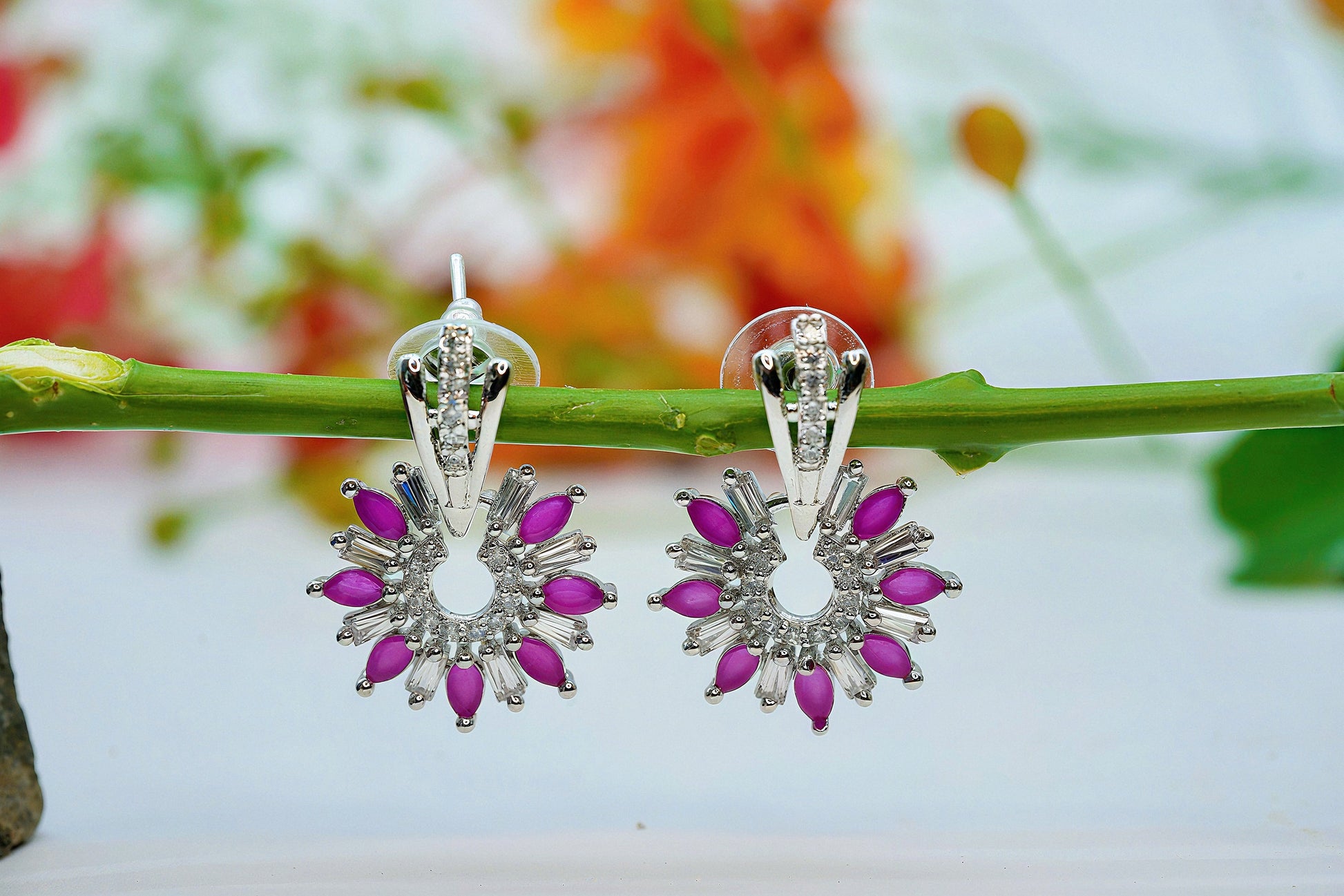 Silver Tone Green Crystal Dangle Earrings - OY JEWELLS - 