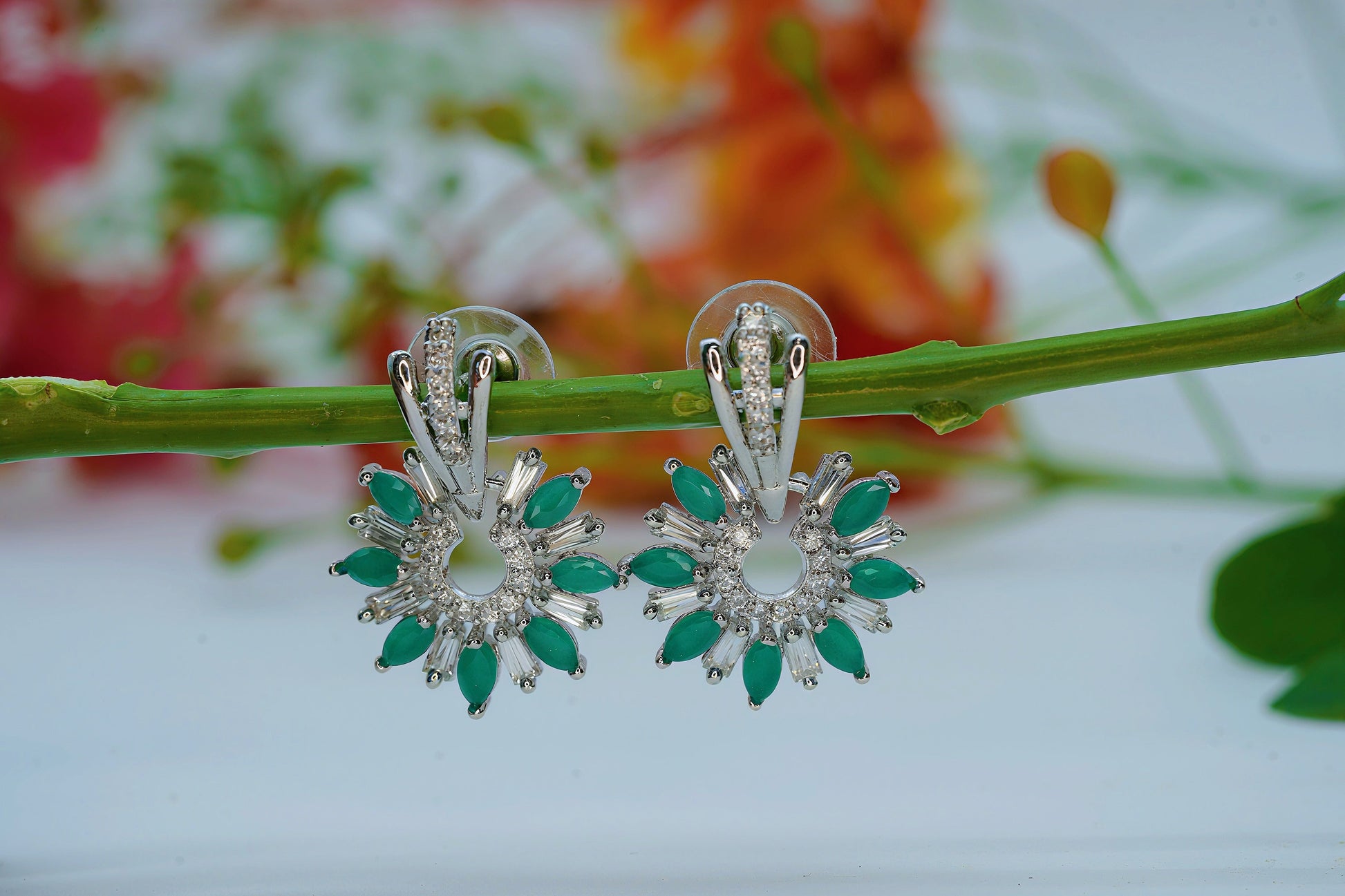 Silver Tone Green Crystal Dangle Earrings - OY JEWELLS - 