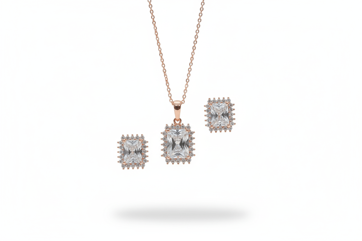 Sqare Cubic Diamond Pendant With Earnings Set - OY JEWELLS - 